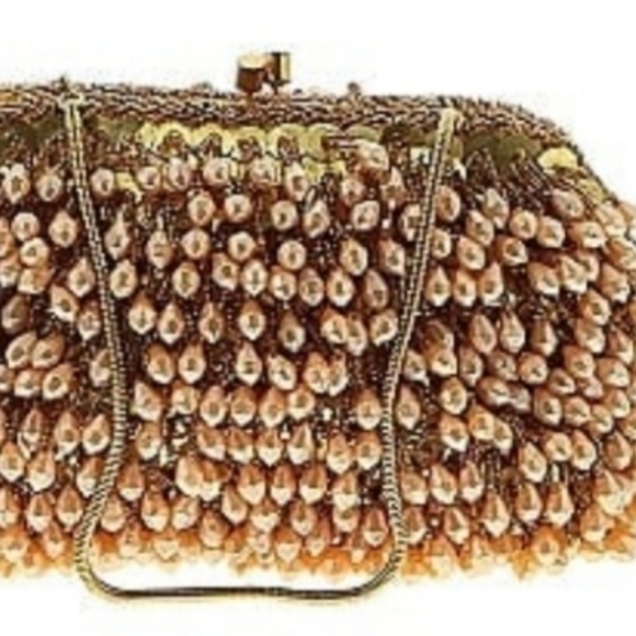 VINTAGE 1960s DEBBIE Gold Beige Faux Pearl Beaded Evening Bag Made in Hong Kong - Picture 3 of 16